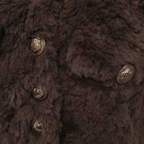 Brown Sherpa Faux fur Gold-tone Button Cropped Jacket - Picture 3 of 4